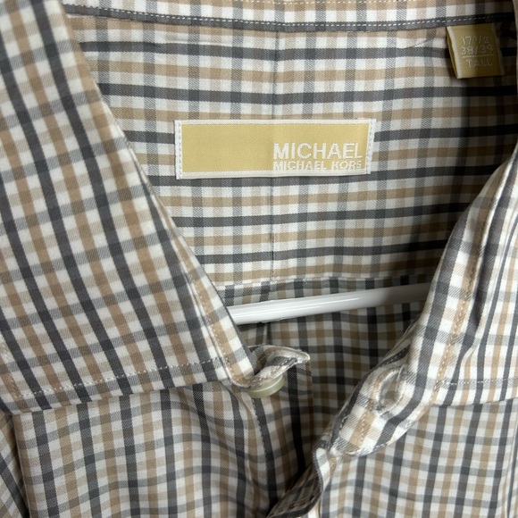 Michael Kors Men's Plaid Shirt Dress shirt- Tan and Blue Tall 17.5 /38 /39 - Picture 7 of 7